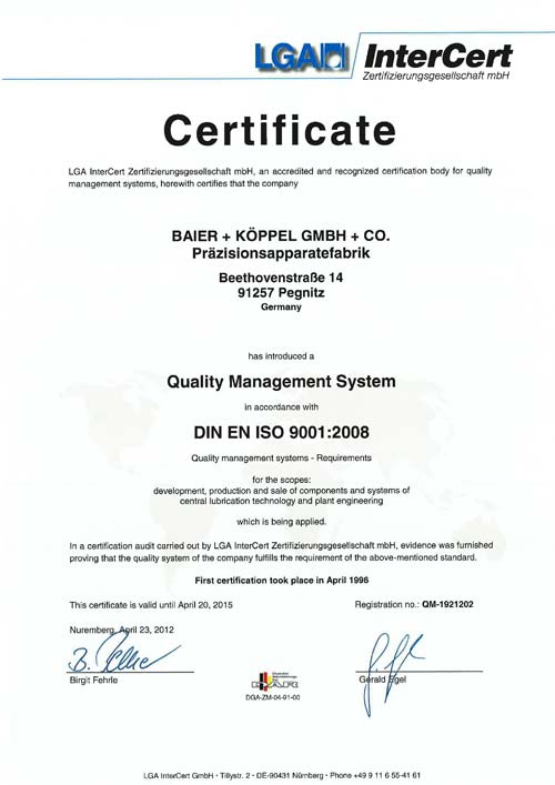 BEKA: Certificate DIN EN ISO 9001:2008
